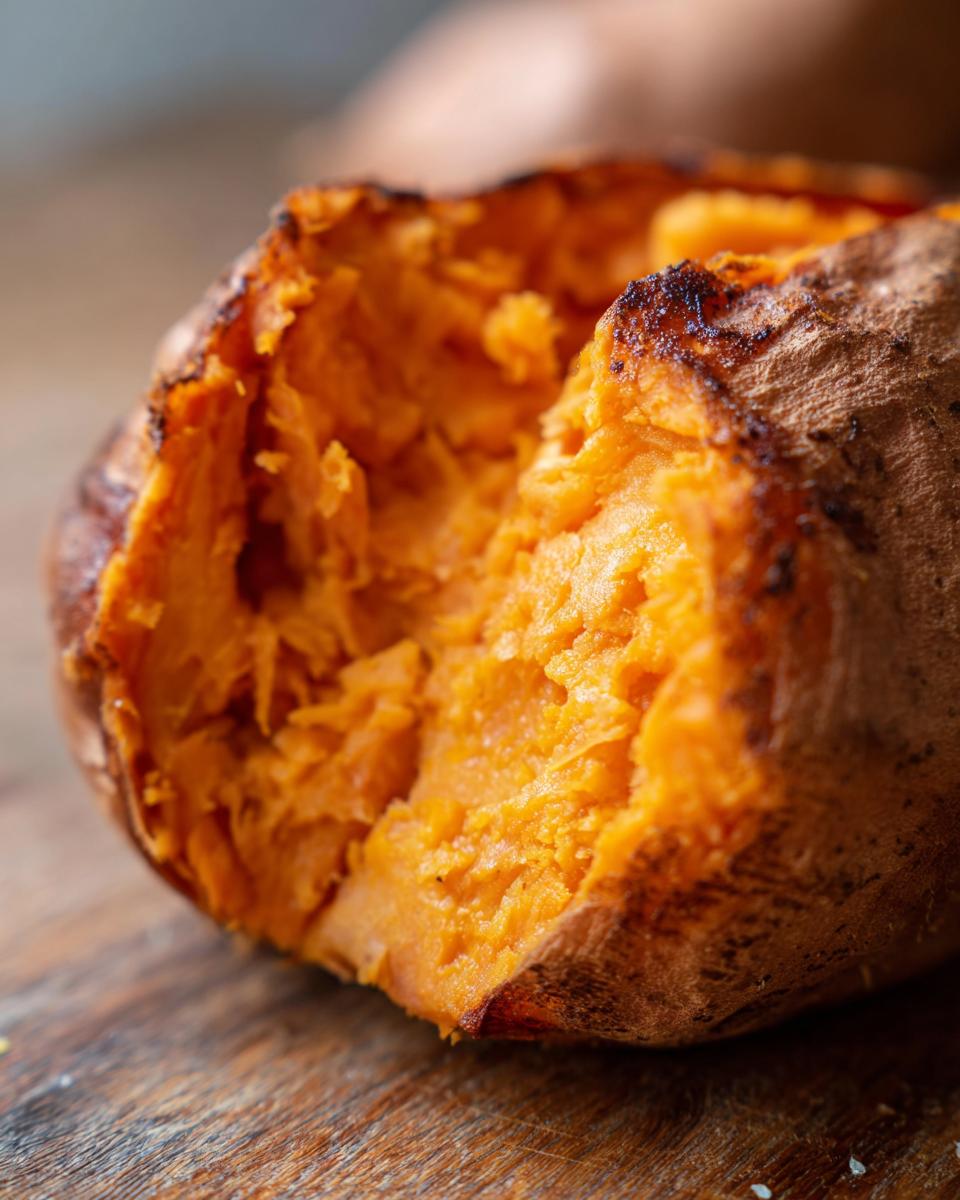 Close-up of The ULTIMATE Fluffy Baked Sweet Potato, showing the soft, fluffy interior and slightly charred skin.