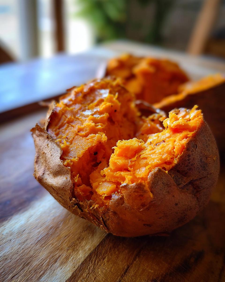 Close-up of The ULTIMATE Fluffy Baked Sweet Potato, showing its soft, orange flesh and slightly wrinkled skin.