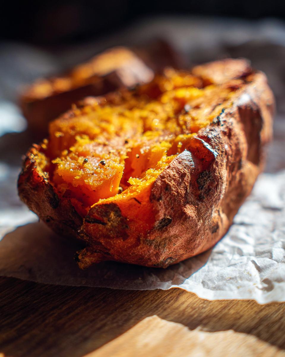Close-up of The ULTIMATE Fluffy Baked Sweet Potato, showing the soft, cooked interior and slightly charred skin.