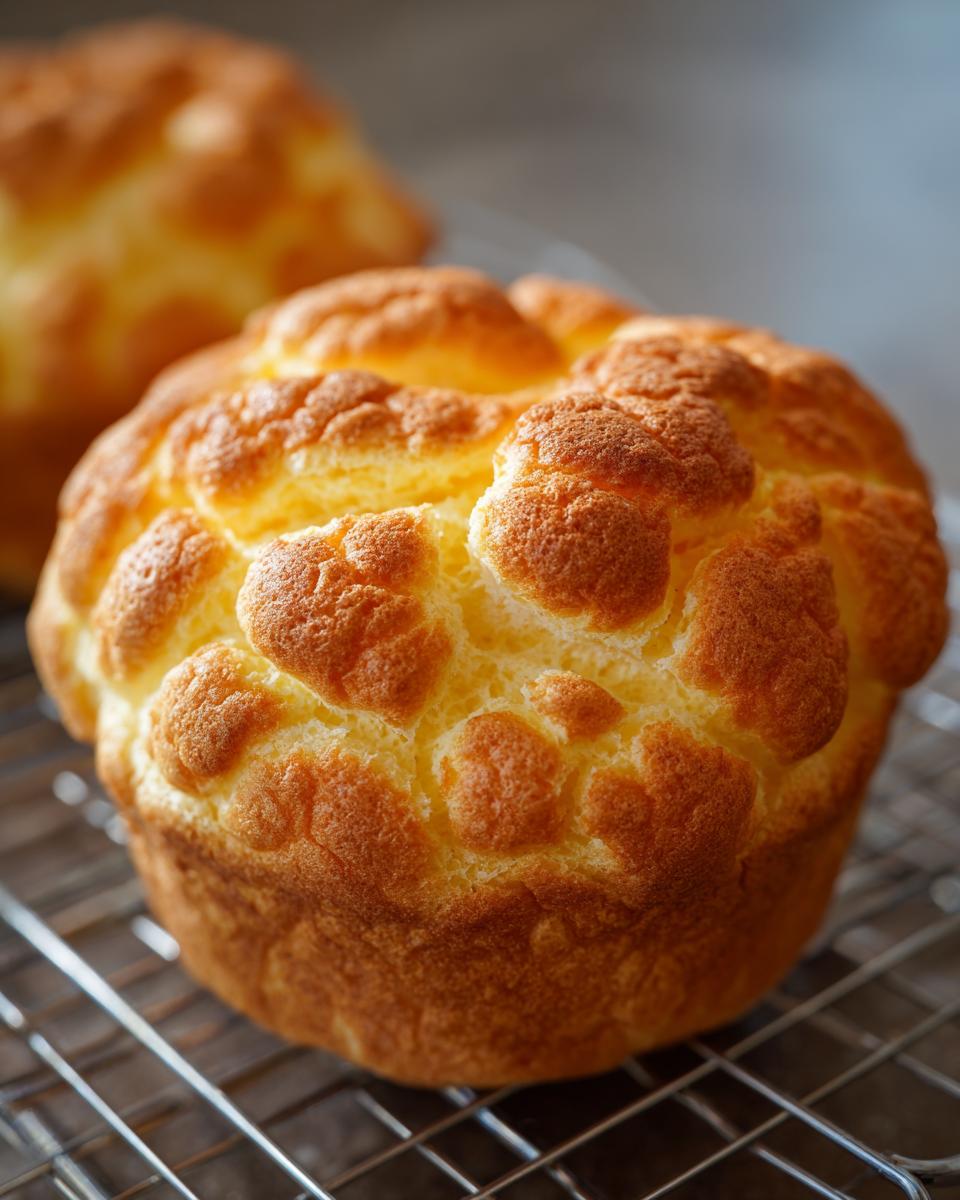 Close-up of a golden brown, fluffy cloud bread on a wire rack. Light and airy texture is visible.