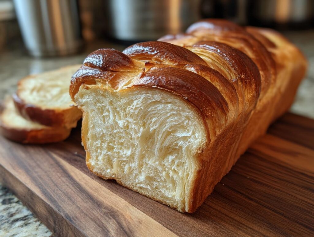 Close-up of a sliced loaf of The Ultimate Fluffy Condensed Milk Bread on a wooden board, showing the soft texture.