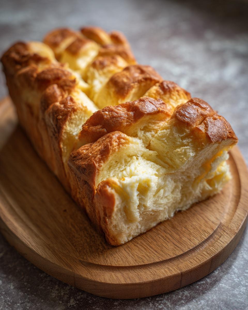 Close-up of a freshly baked loaf of The Ultimate Fluffy Condensed Milk Bread on a wooden board.