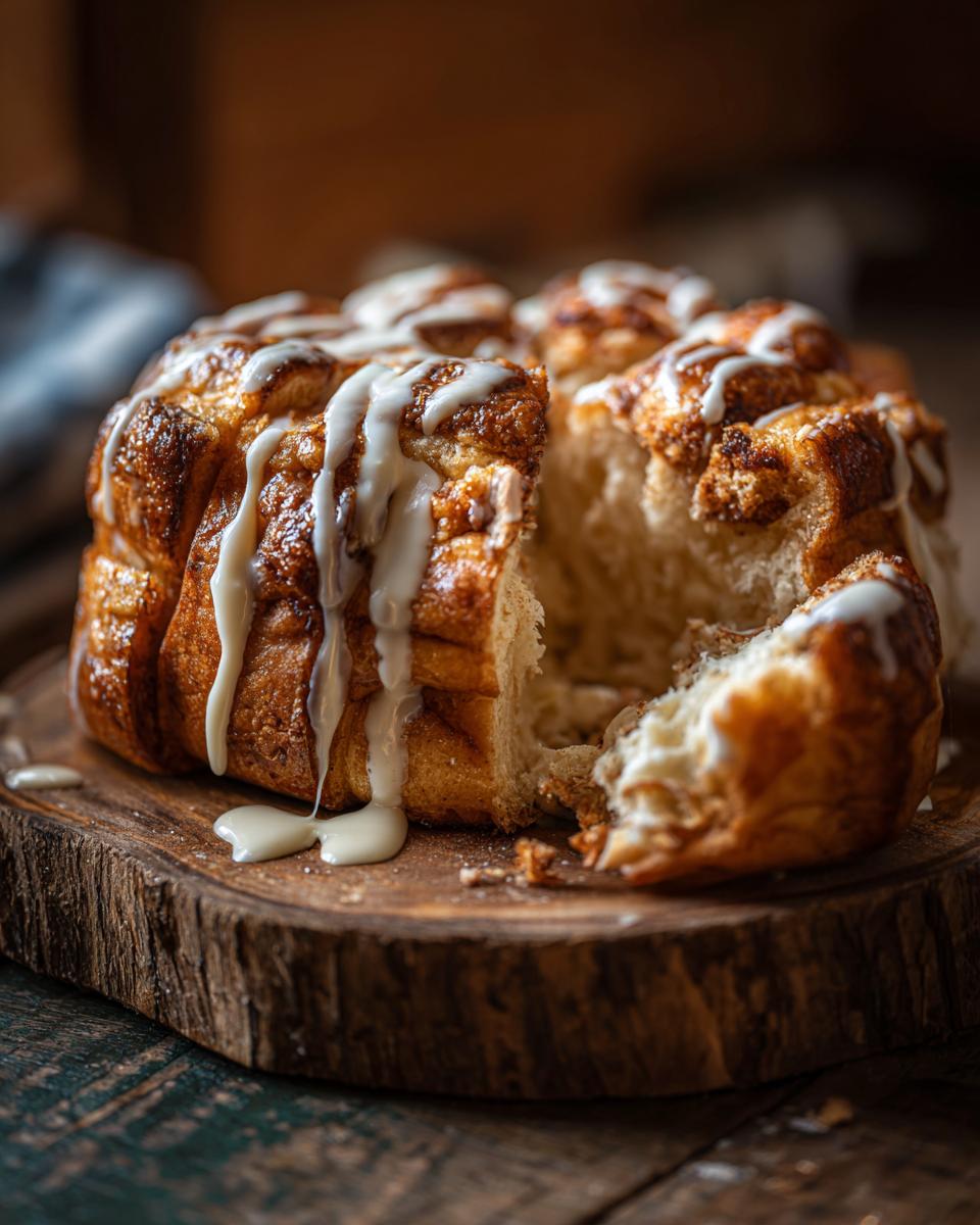 Close-up of fluffy condensed milk bread with a piece pulled away, drizzled with sweet white glaze.