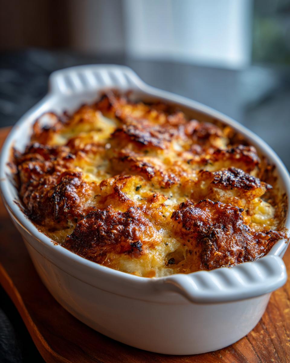 Close-up of fluffy & crispy potatoes baked in a white dish, showcasing a golden-brown, textured topping.