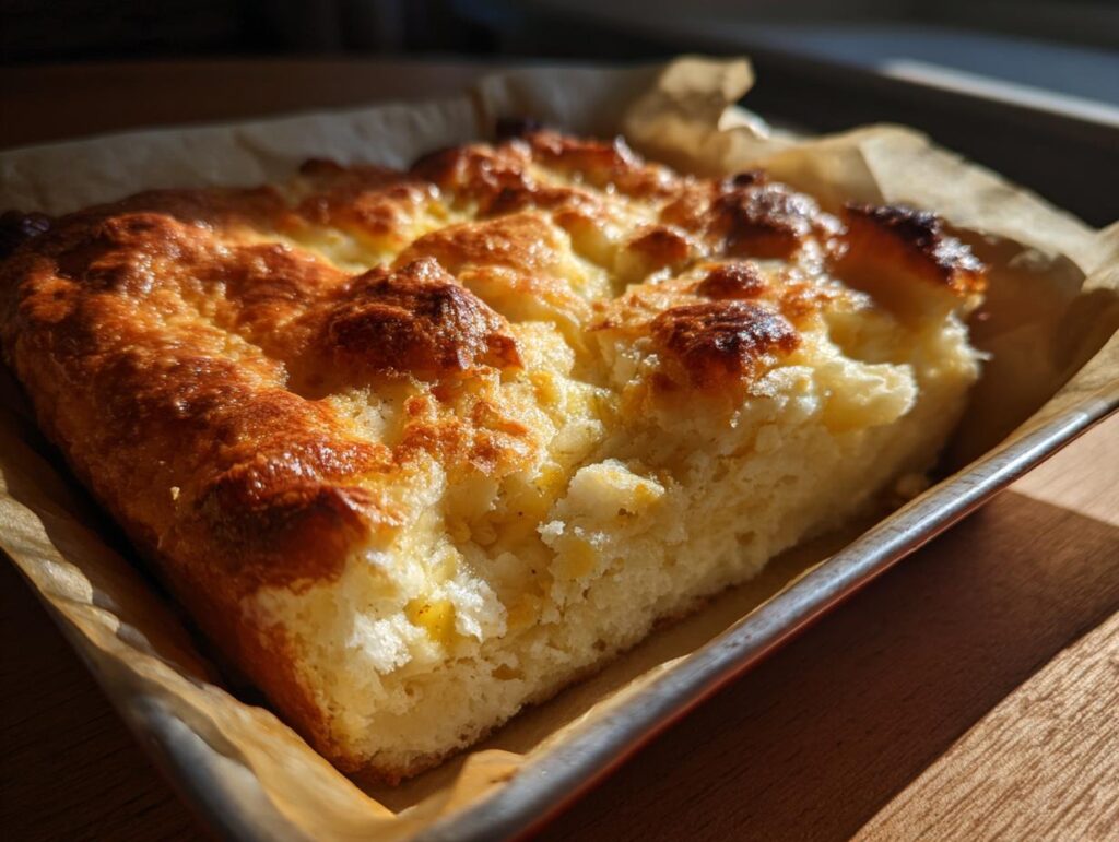 Close-up of Fluffy & Crispy Potatoes in a baking pan, showing golden-brown top and soft interior.