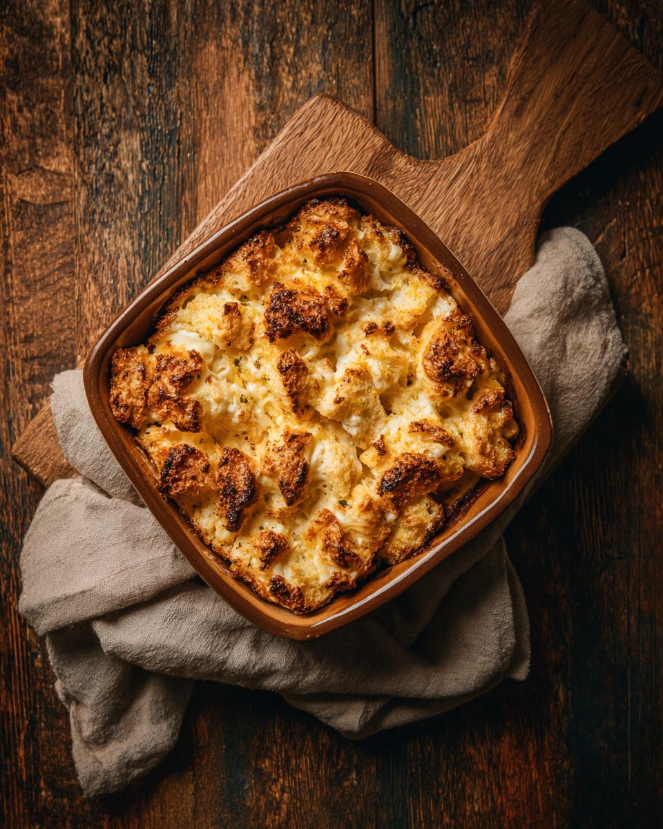 Overhead shot of fluffy & crispy potatoes baked in a square dish, resting on a wooden board and linen cloth.