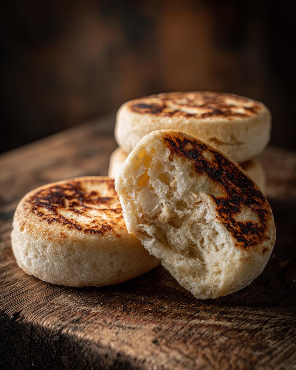 Stack of Ultimate Fluffy Homemade English Muffins, one split open to show the texture, on a wooden board.