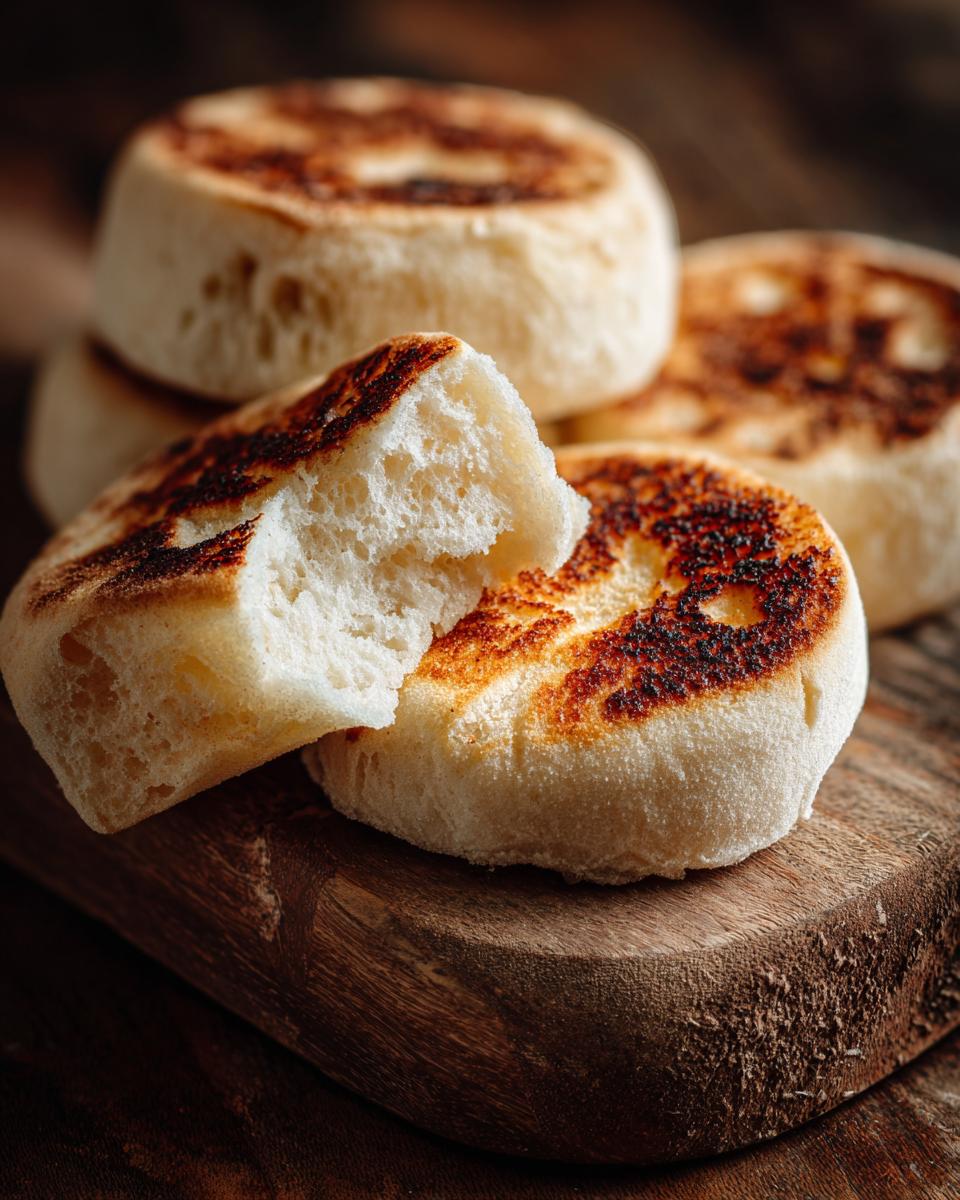 Stack of Ultimate Fluffy Homemade English Muffins on a wooden board, one muffin is torn open to show the texture.