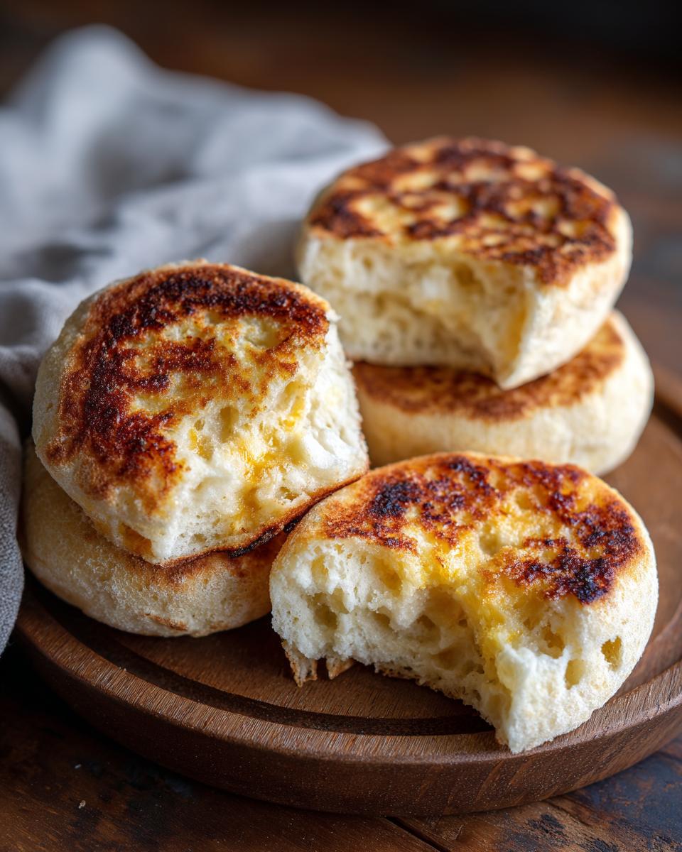 Stack of golden brown, fluffy homemade English muffins on a wooden board, some with a bite taken.
