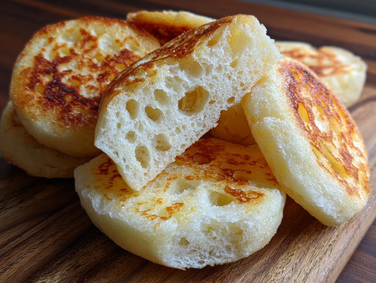A stack of golden brown, fluffy homemade English muffins, one split open to show the airy texture.