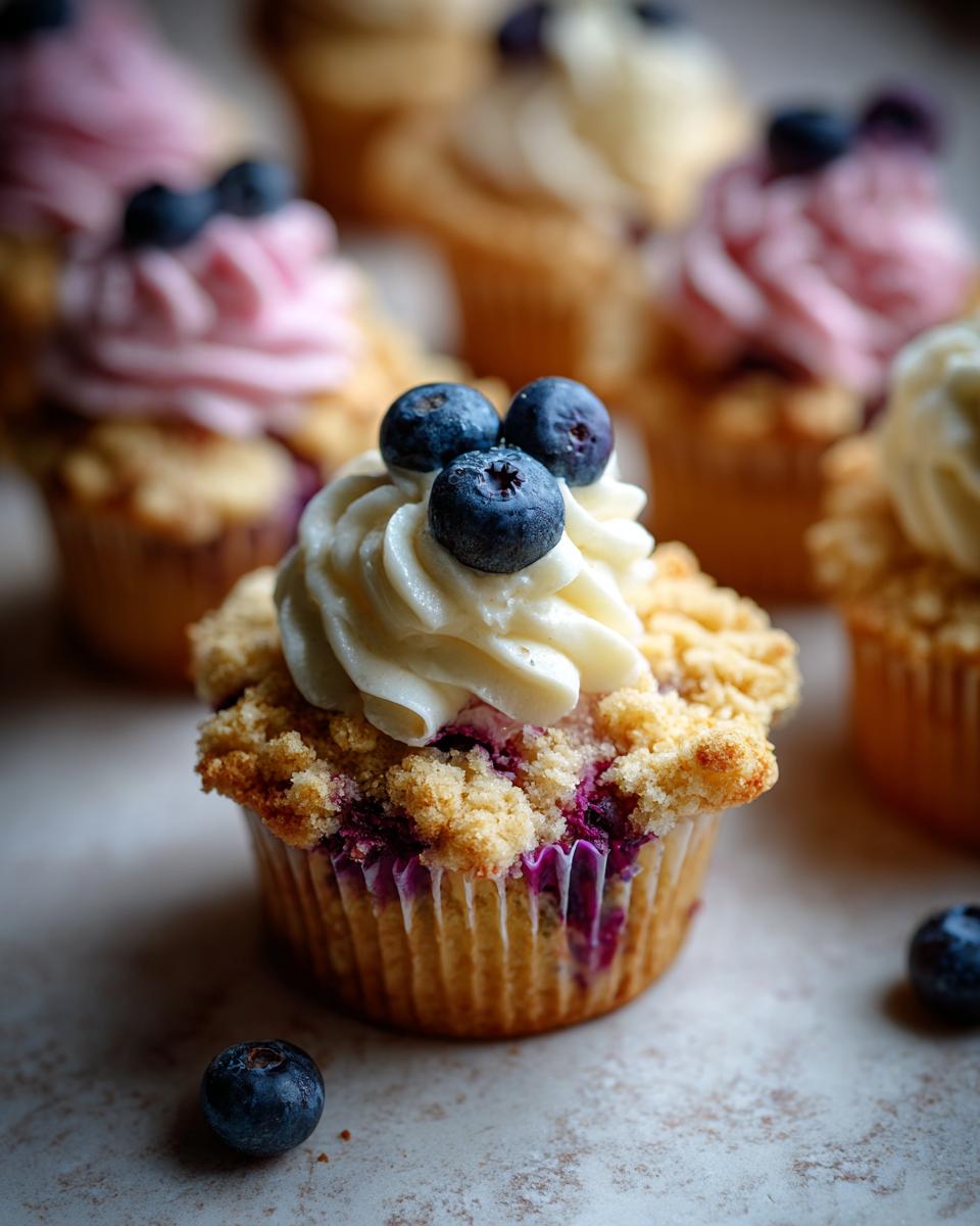 Close-up of Fluffy Lemon Blueberry Cupcakes topped with cream and fresh blueberries.