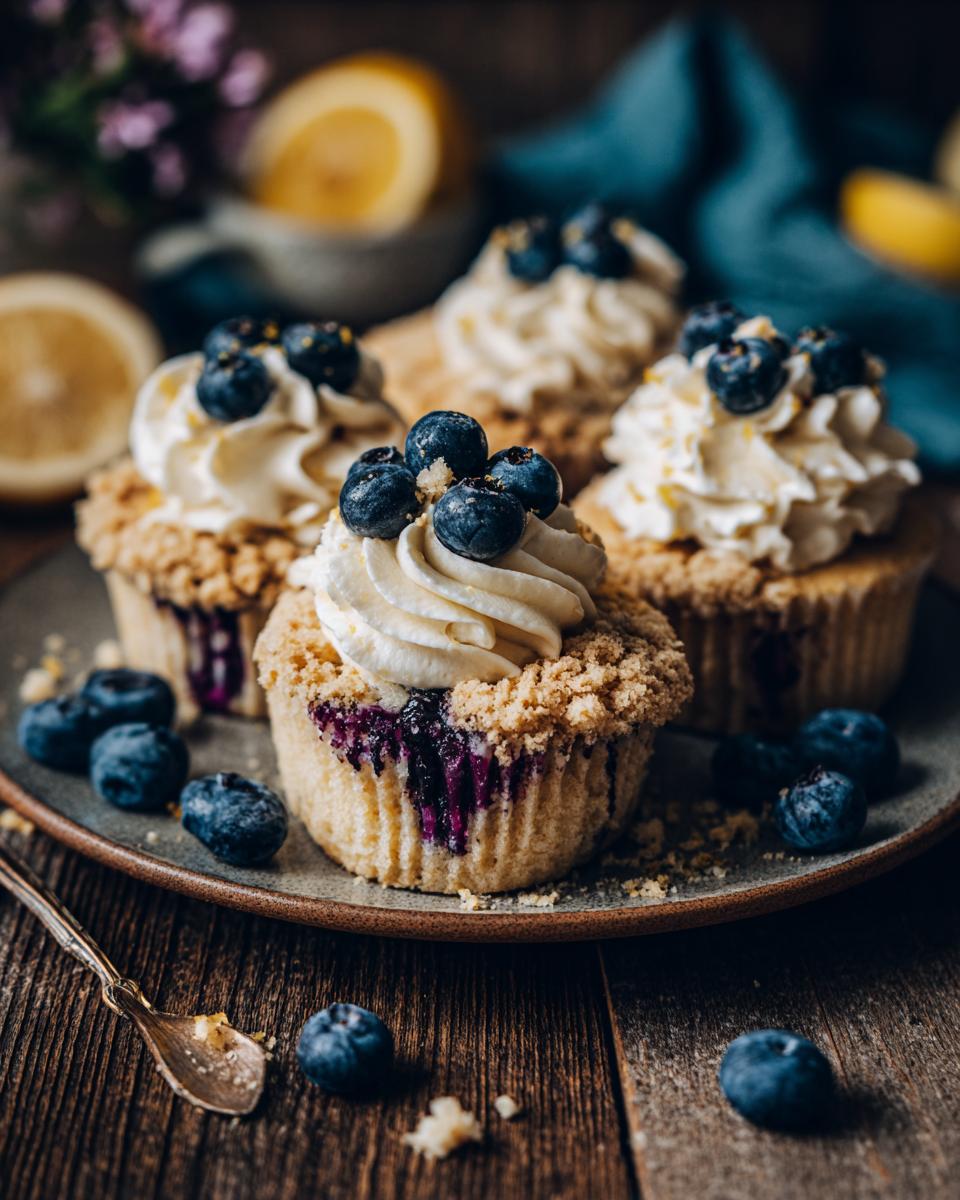 Four Fluffy Lemon Blueberry Cupcakes on a plate, topped with cream and fresh blueberries.