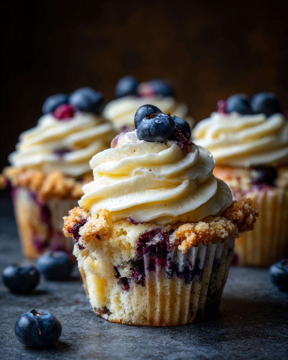 Close-up of Fluffy Lemon Blueberry Cupcakes topped with frosting and fresh blueberries.