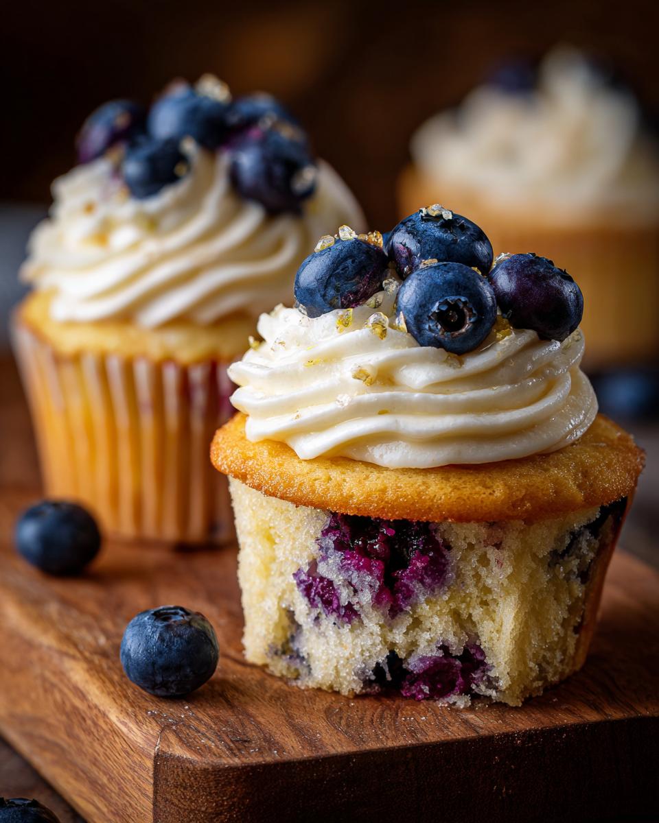 Close-up of Fluffy Lemon Blueberry Cupcakes topped with white frosting and fresh blueberries on a wooden board.