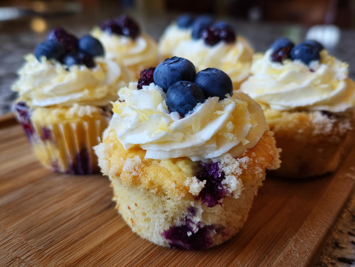 Close-up of Fluffy Lemon Blueberry Cupcakes topped with white frosting and fresh blueberries on a wooden board.