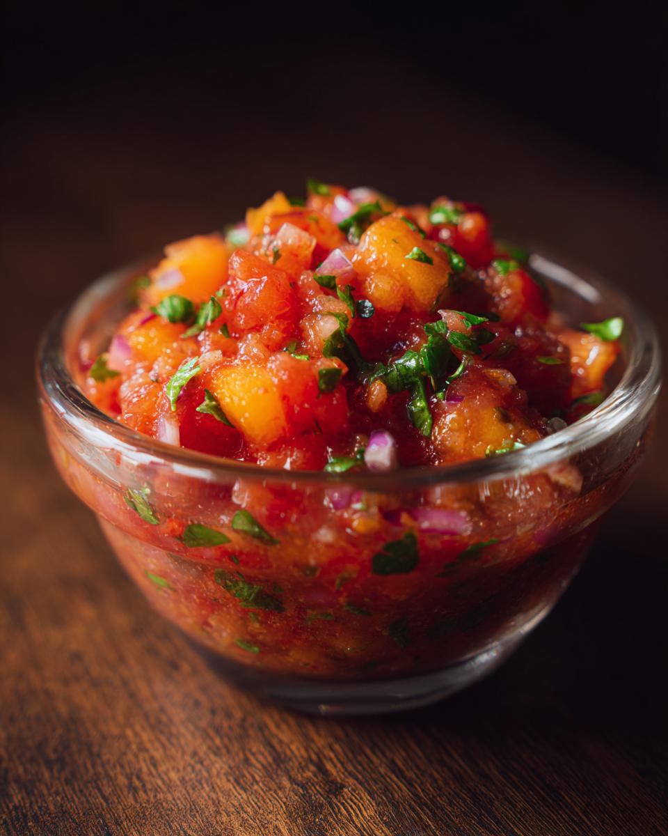 Close-up of a bowl of The Fresh Peach Salsa, featuring diced peaches, red onion, and cilantro.