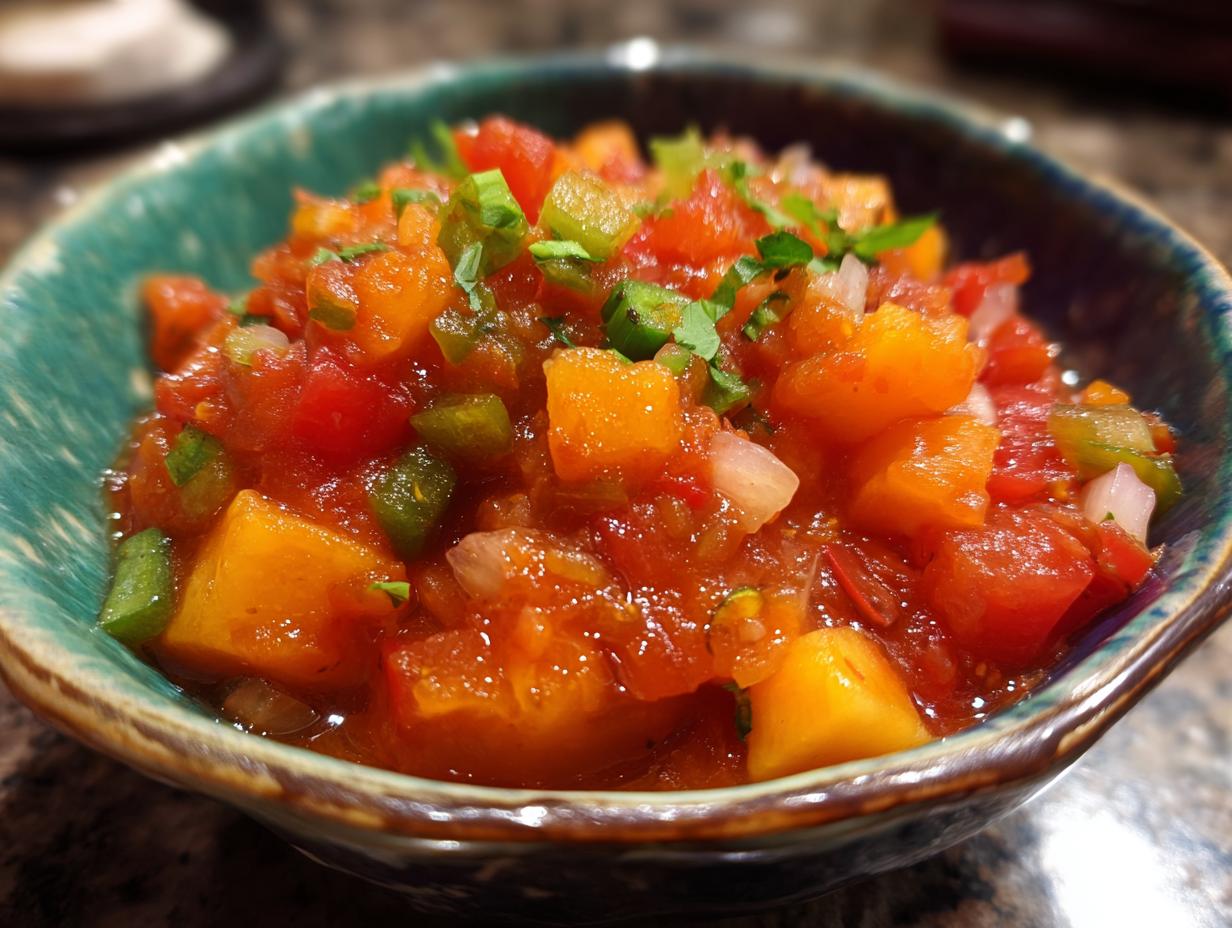 Close-up of a bowl of The Fresh Peach Salsa, featuring diced peaches, tomatoes, onions, and herbs.