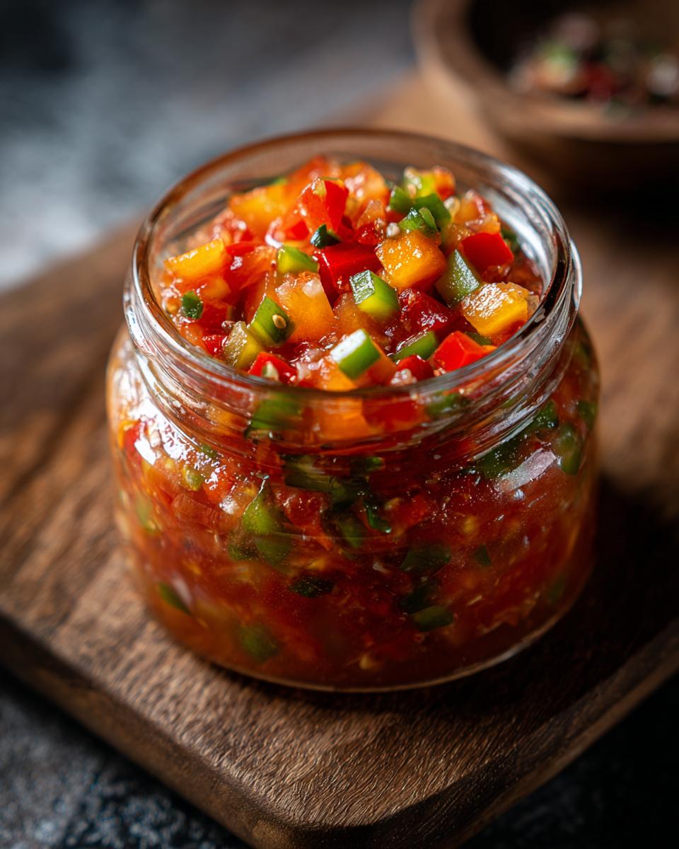 A jar filled with vibrant Fresh Peach Salsa, showcasing diced peaches, peppers, and herbs.
