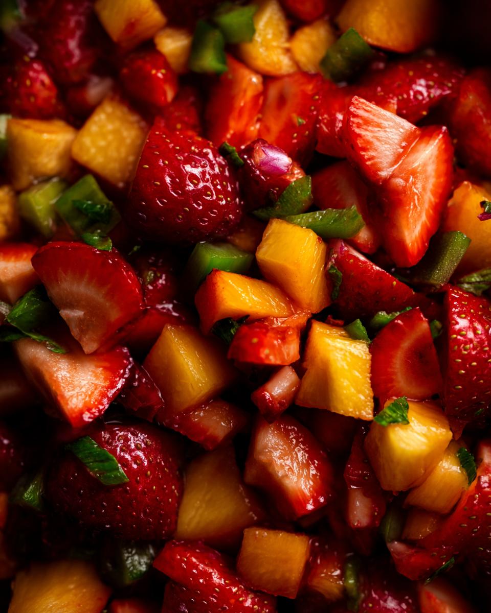 A vibrant close-up of The Fresh Peach Salsa, featuring diced peaches, strawberries, and green peppers.