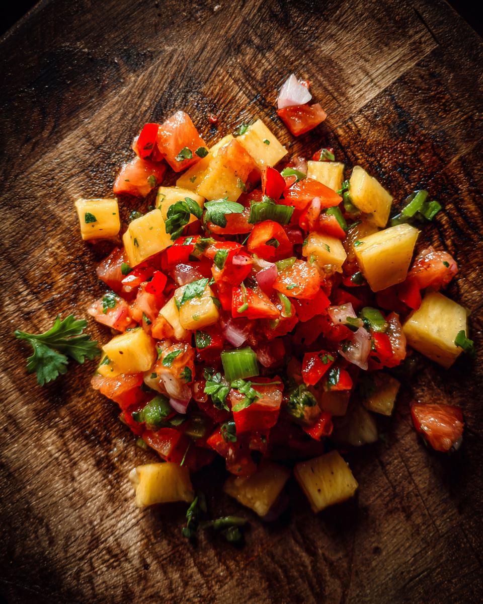 Overhead shot of The Fresh Peach Salsa featuring diced peaches, tomatoes, onions, and herbs on a rustic wooden board.
