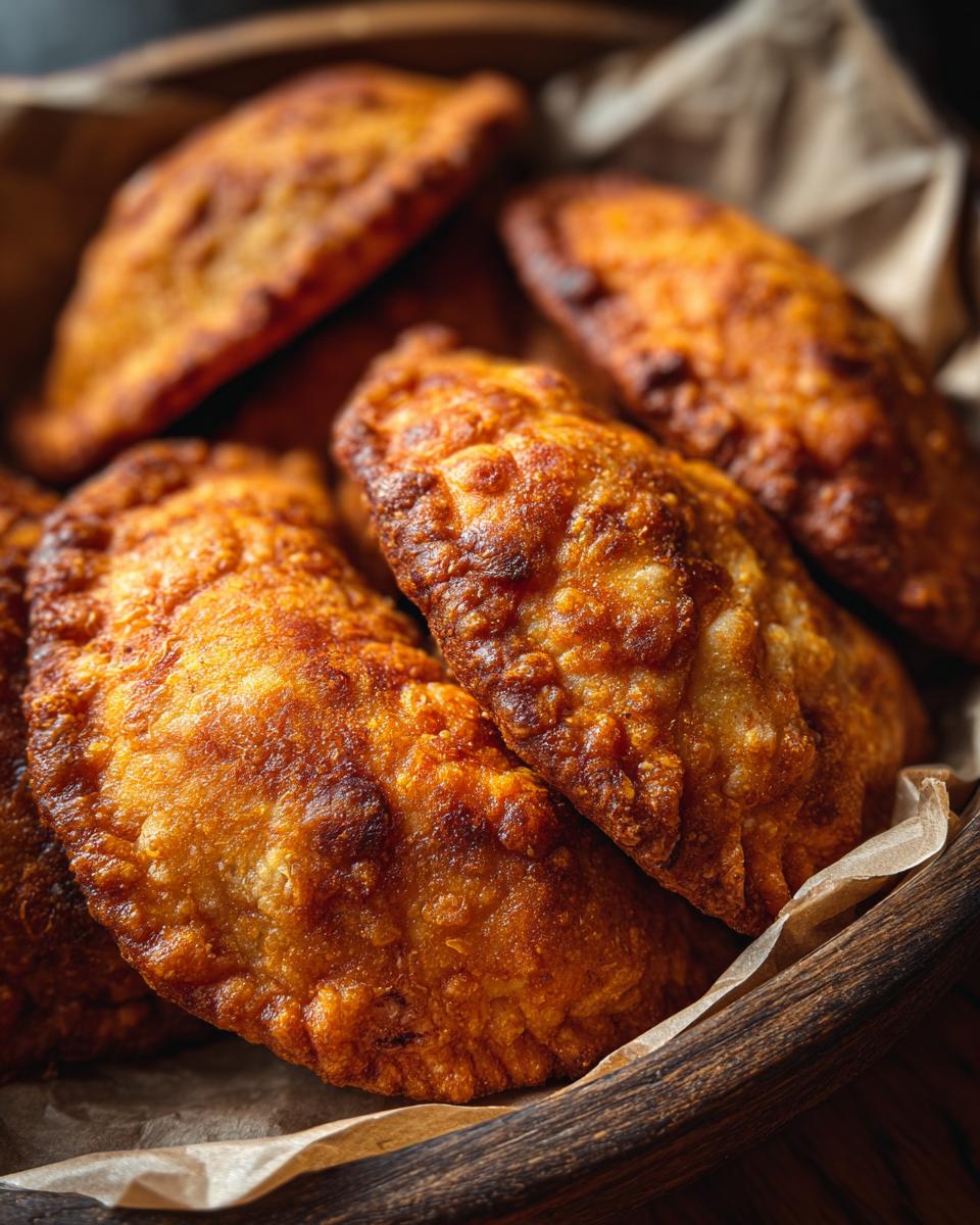 Close-up of shatteringly crisp old-fashioned fried apple pies in a wooden bowl, showcasing their golden-brown crust.