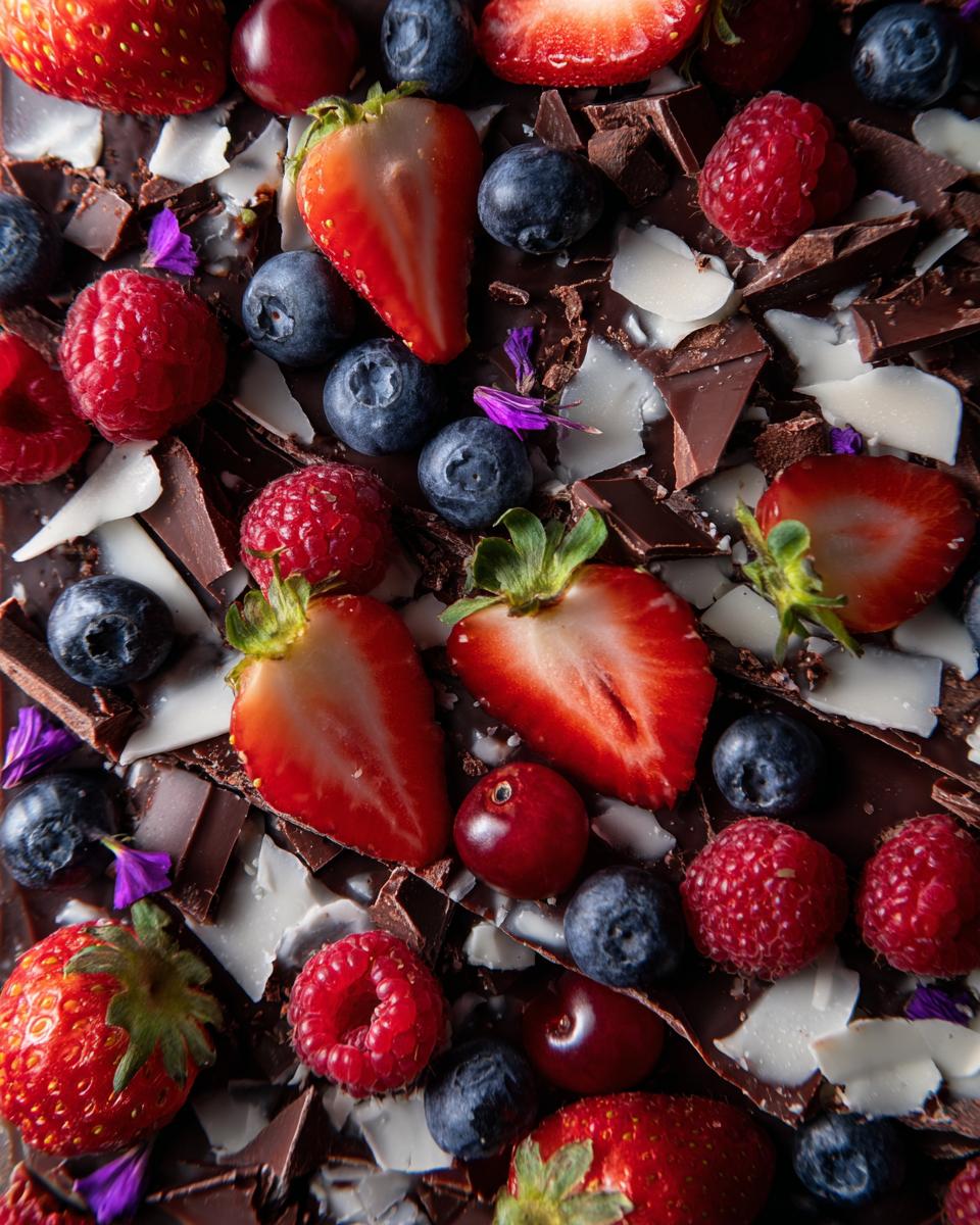Overhead shot of Frozen Yogurt Bark with strawberries, blueberries, raspberries, chocolate, and coconut flakes.