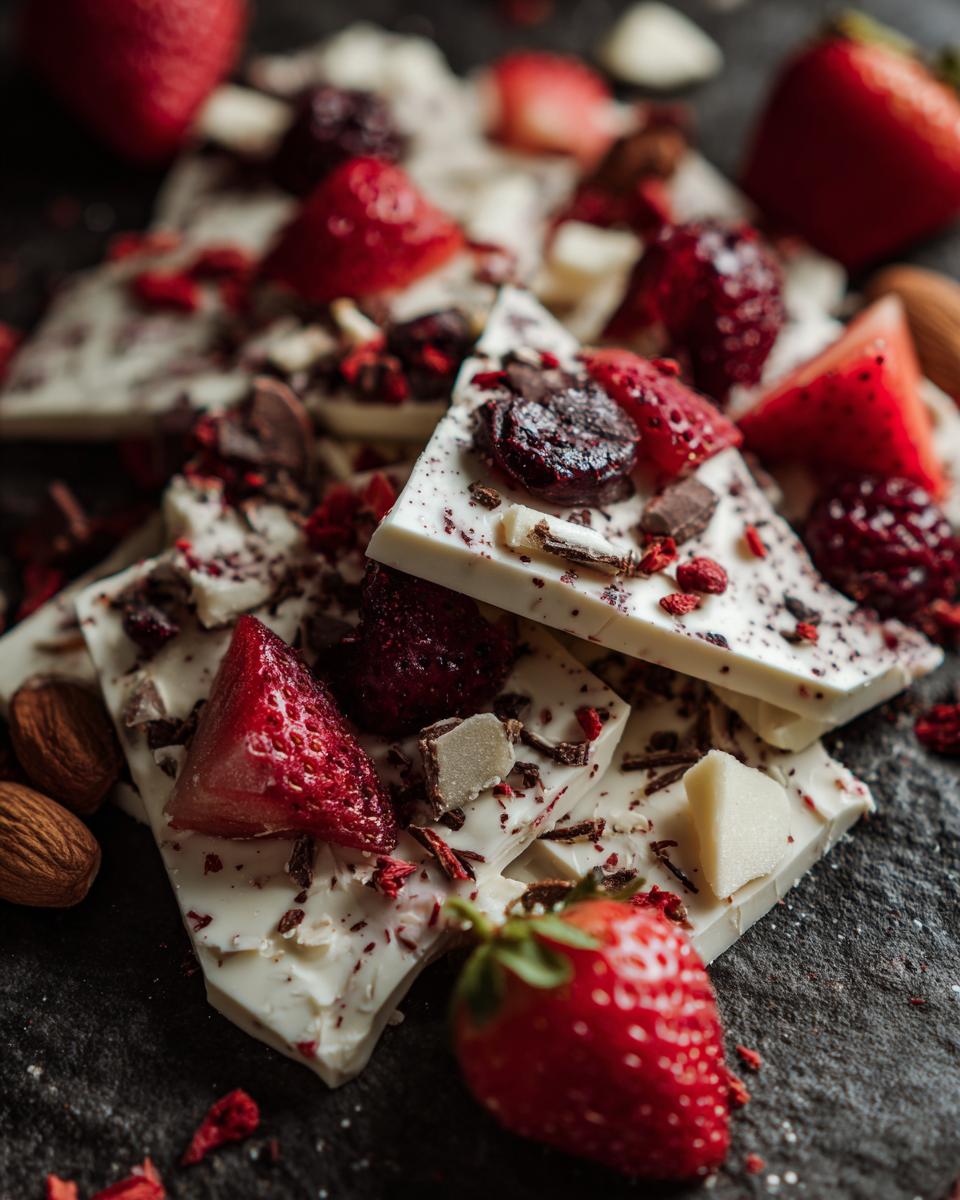 Pieces of Frozen Yogurt Bark topped with fresh strawberries, blackberries, and chocolate shavings.