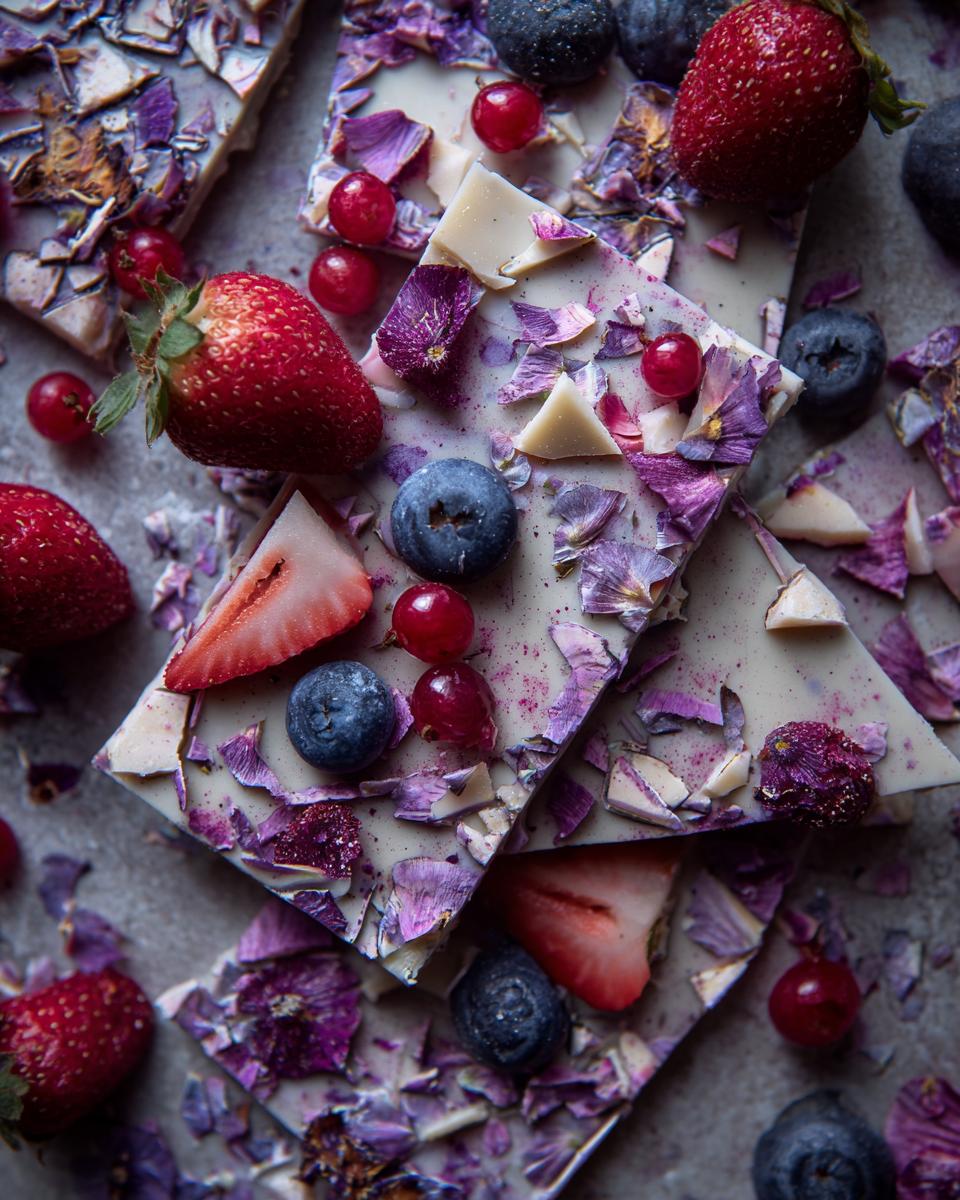 Close-up of homemade Frozen Yogurt Bark with fresh strawberries, blueberries, and edible flower petals.