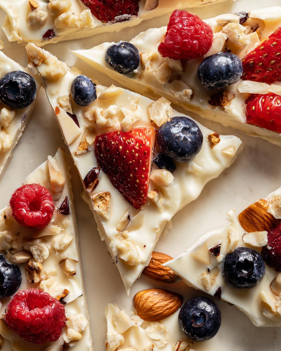 Close-up of The Frozen Yogurt Bark pieces topped with fresh blueberries, raspberries, strawberries, and chopped nuts.