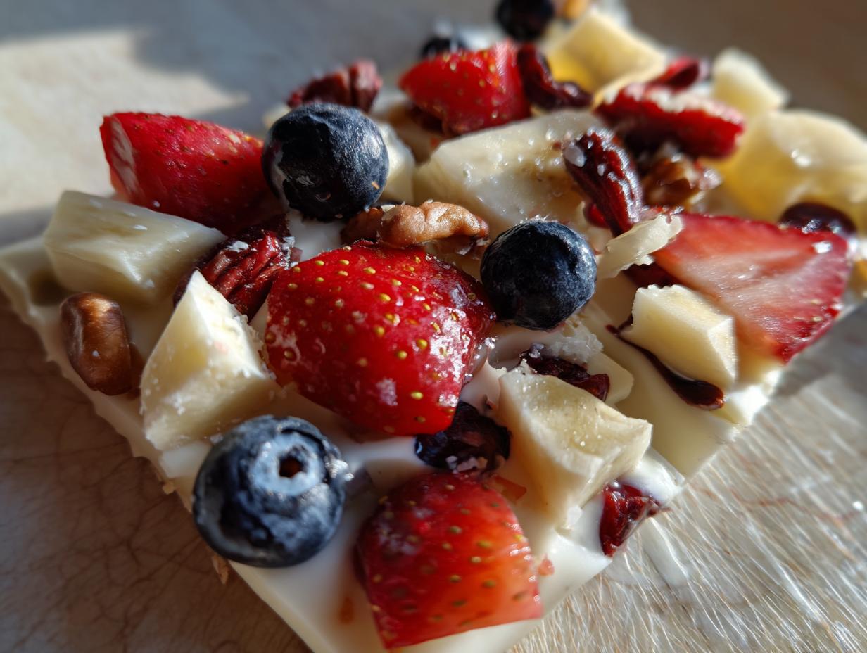 Close-up of The Frozen Yogurt Bark topped with fresh strawberries, blueberries, banana, and nuts.