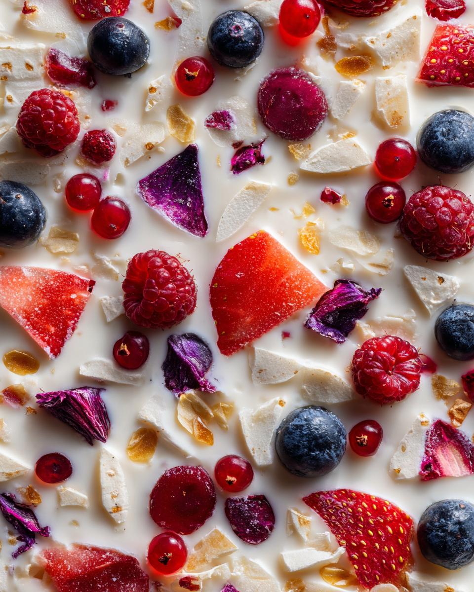 Overhead shot of The Frozen Yogurt Bark, featuring blueberries, raspberries, coconut flakes, and edible flower petals.