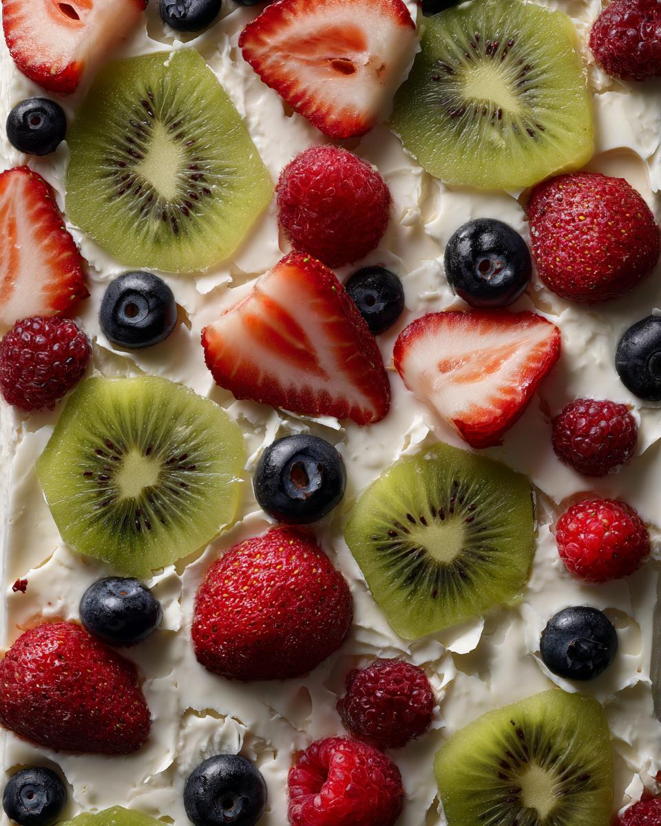 Overhead view of Frozen Yogurt Bark topped with fresh strawberries, kiwi, blueberries, and raspberries.