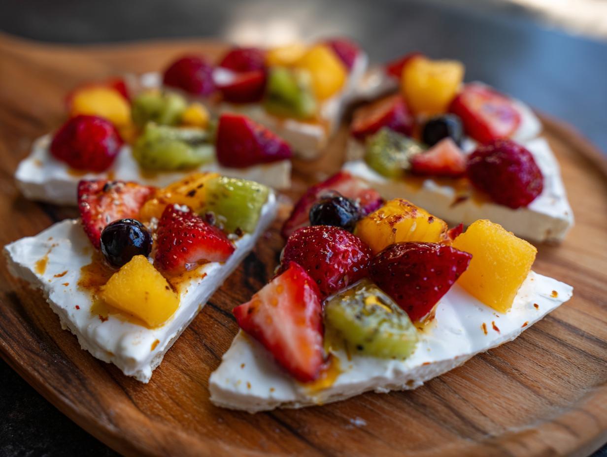 Close-up of Frozen Yogurt Bark topped with strawberries, kiwi, mango, and blueberries on a wooden board.