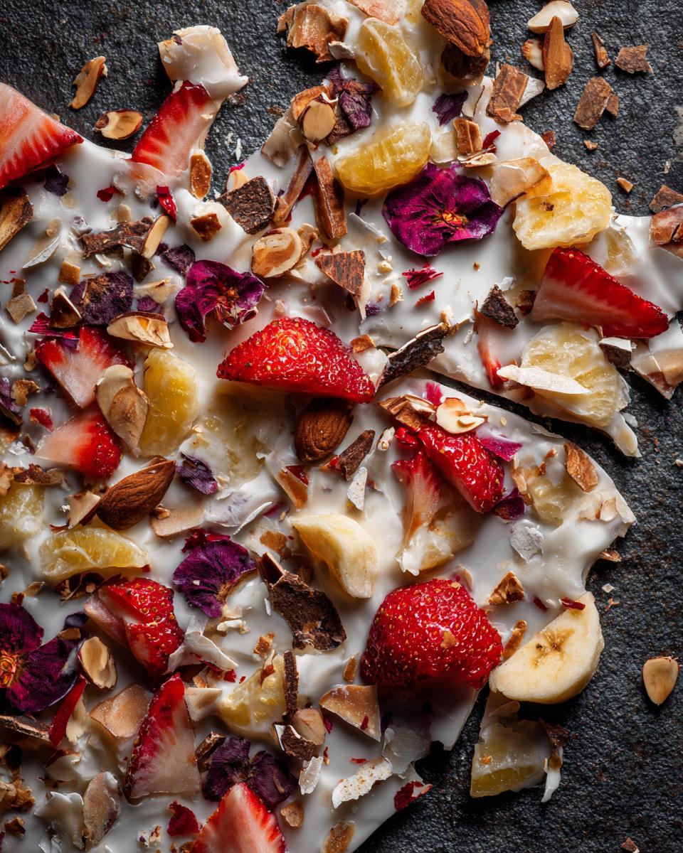 A vibrant The Frozen Yogurt Bark with strawberries, bananas, oranges, almonds, and edible flowers.