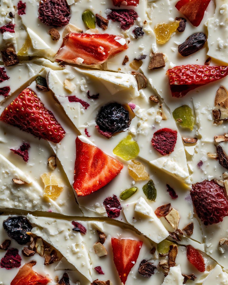 Close-up of The Frozen Yogurt Bark, topped with strawberries, blueberries, nuts, and dried fruits.