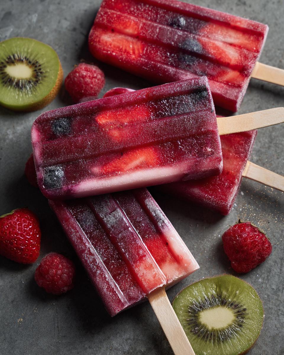 Close-up of refreshing homemade Fruit Popsicles with strawberries, blueberries, raspberries, and kiwi.