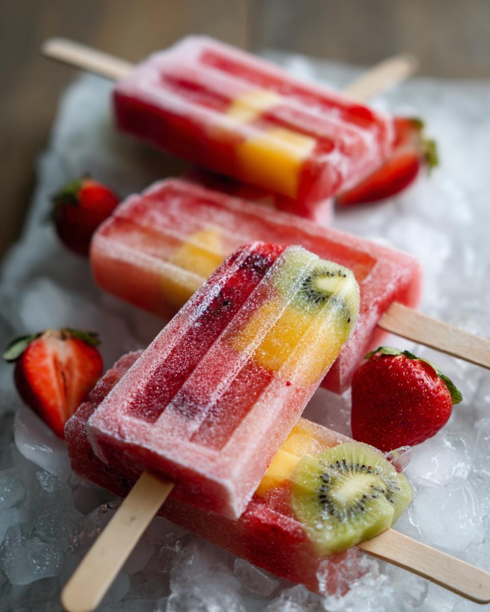 Close-up of layered Fruit Popsicles with strawberry, kiwi, and mango on ice, with fresh strawberries.