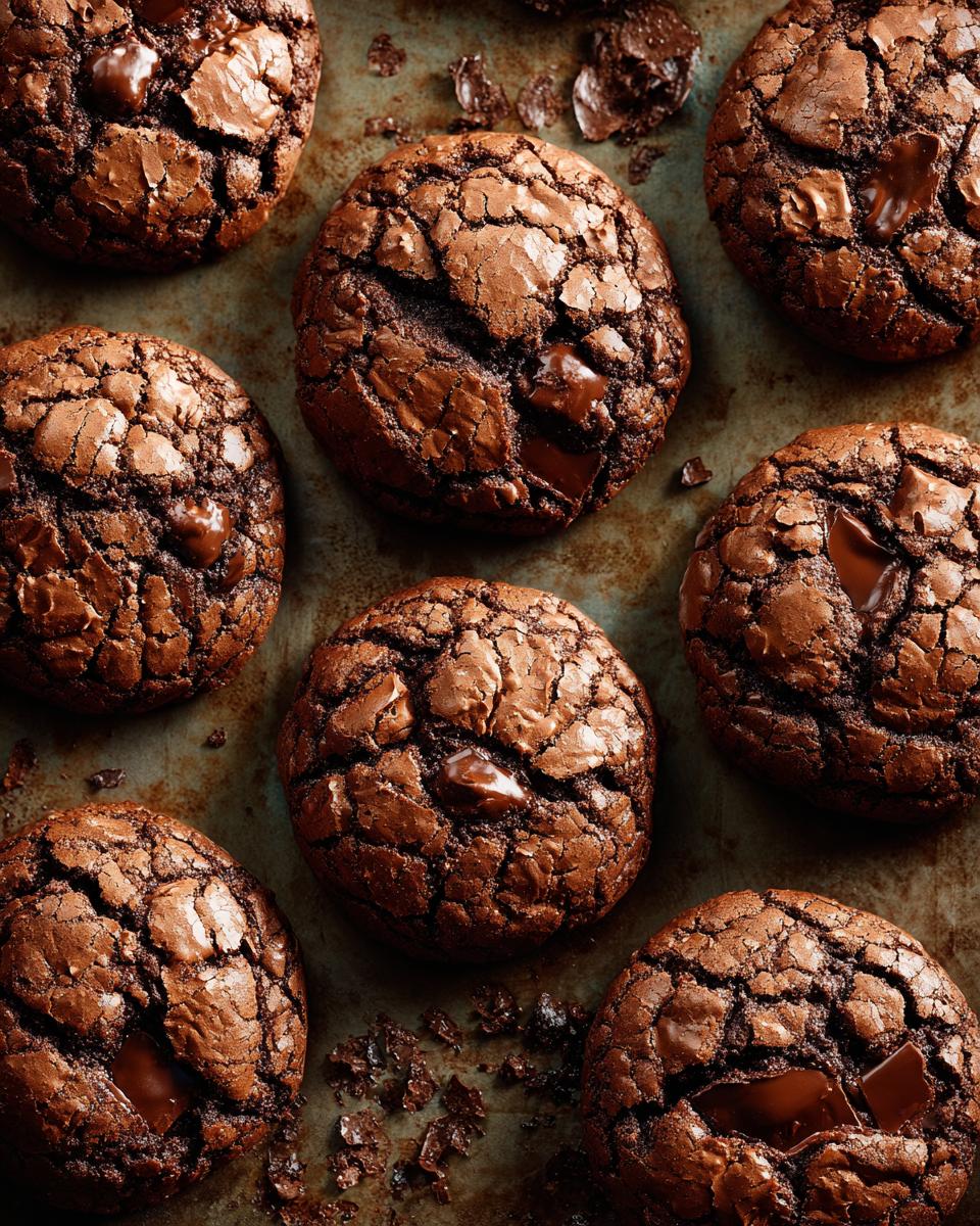 Overhead shot of several Ultimate Fudgy Chocolate Brownie Cookies with melted chocolate chunks on a baking sheet.