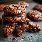 Stack of Ultimate Fudgy Chocolate Brownie Cookies, one broken to show the fudgy center and chocolate chunks.