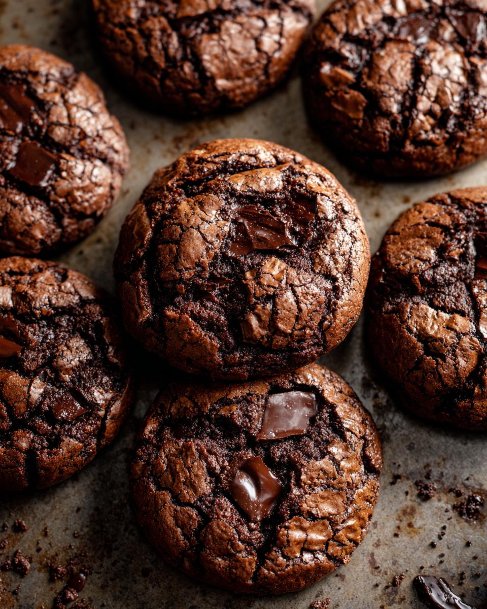 Overhead view of several Ultimate Fudgy Chocolate Brownie Cookies with melted chocolate chunks on a baking sheet.