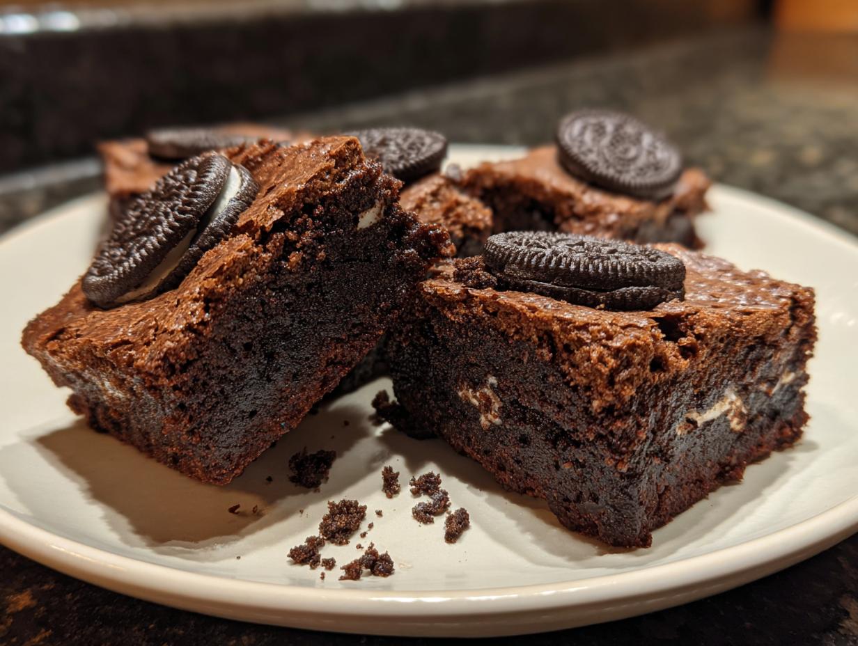 Close-up of fudgy Oreo brownies topped with Oreo cookies on a white plate. Delicious ultimate fudgy Oreo brownies.