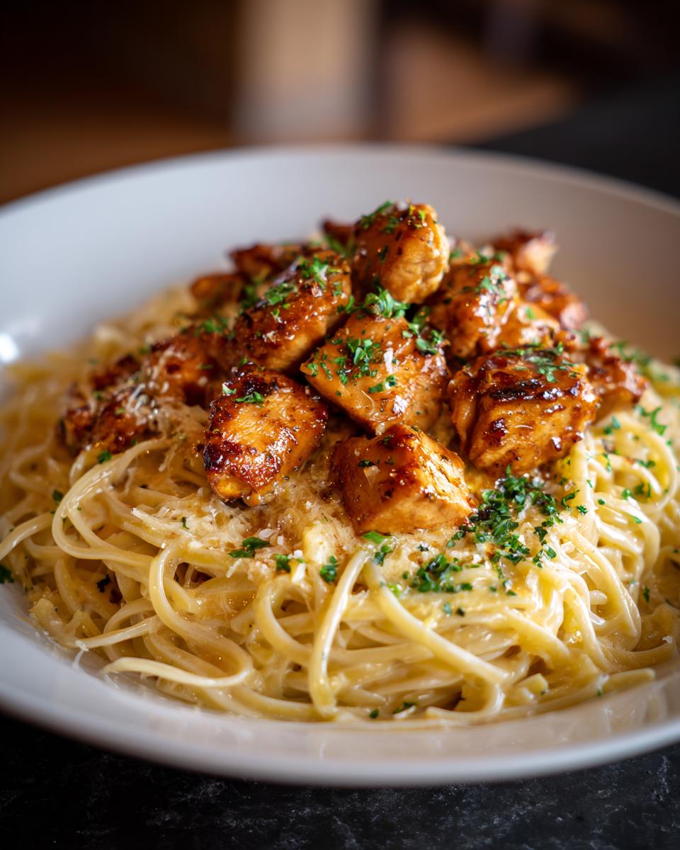 A delicious plate of Garlic Butter Chicken Bites Creamy Parmesan Pasta, garnished with parsley.