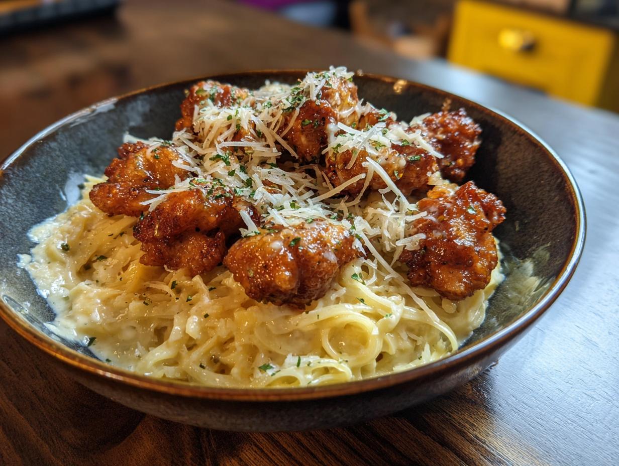 A bowl of Garlic Butter Chicken Bites Creamy Parmesan Pasta, topped with shredded cheese and herbs.