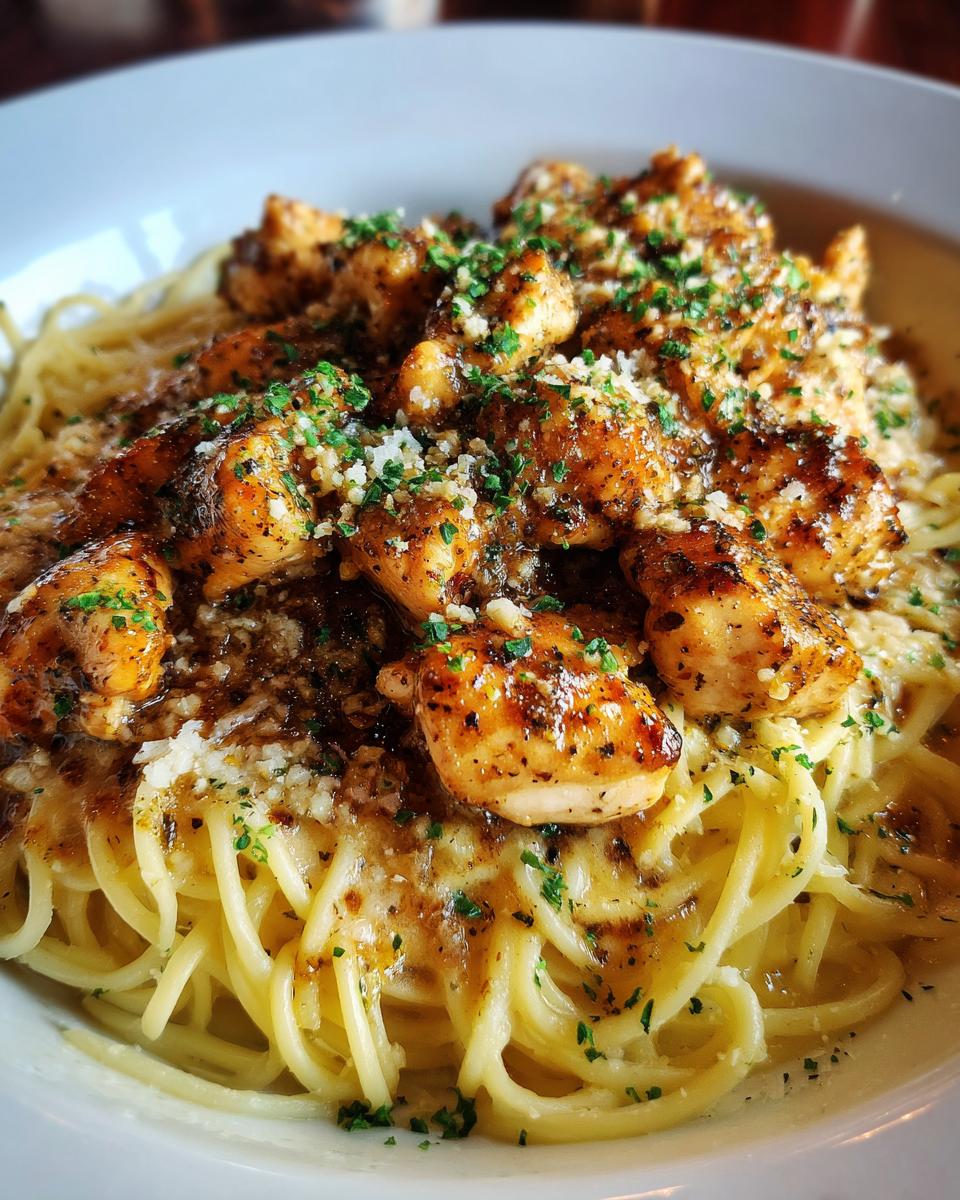 A bowl of creamy parmesan pasta topped with garlic butter chicken bites and fresh herbs.