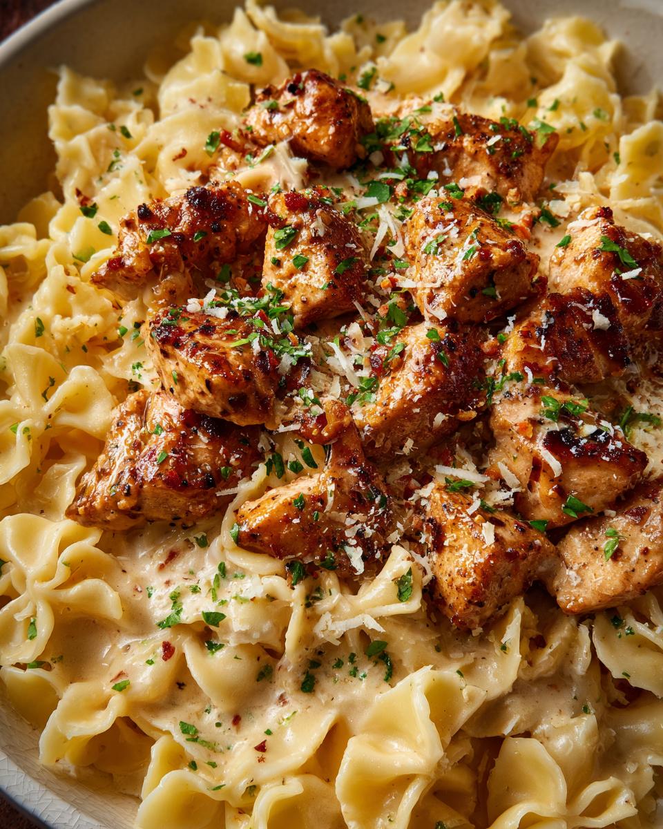 Close-up of Garlic Butter Chicken Bites Creamy Parmesan Pasta, garnished with parsley and parmesan.