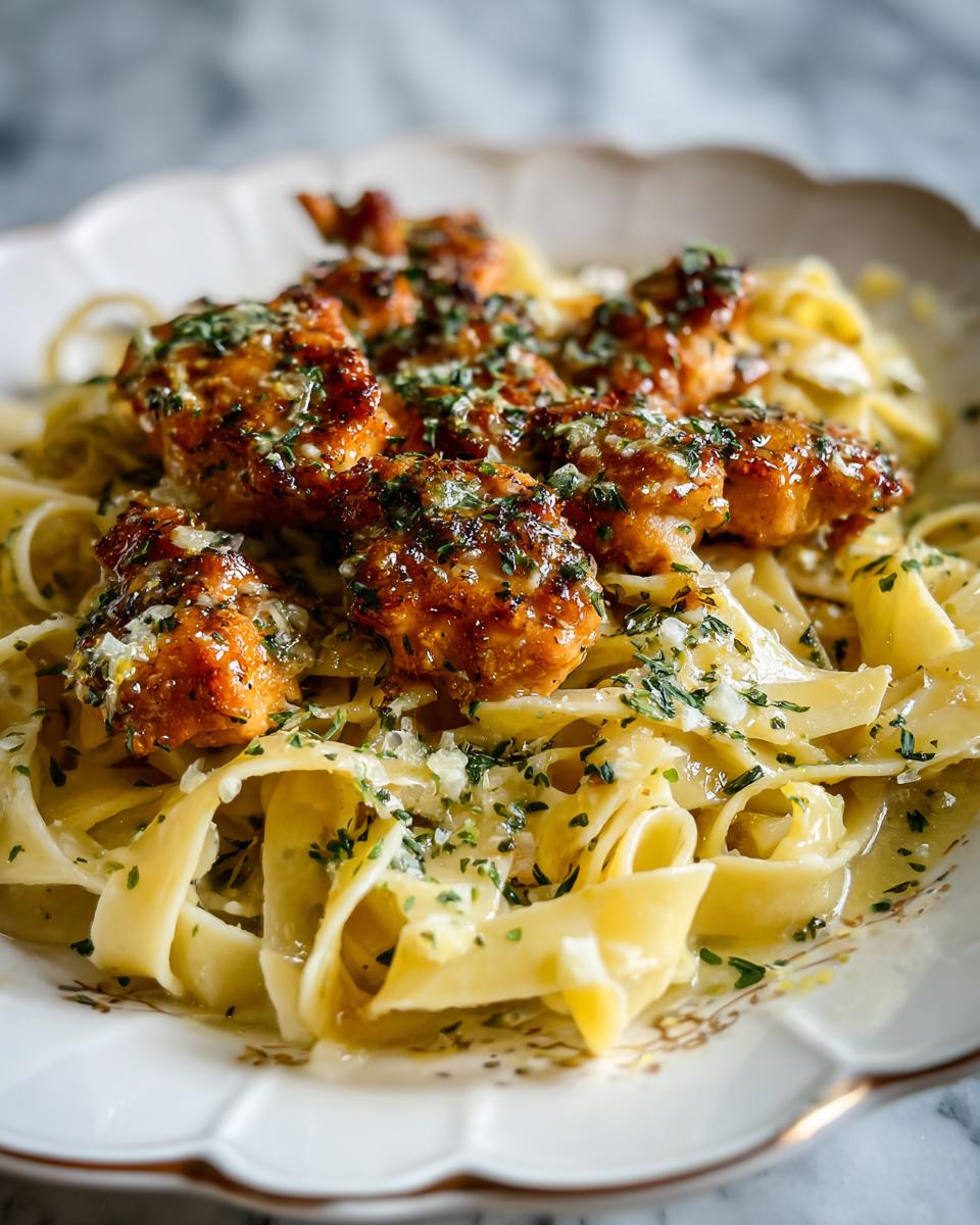 Close-up of Garlic Butter Chicken Bites Creamy Parmesan Pasta, featuring chicken and pasta with herbs.