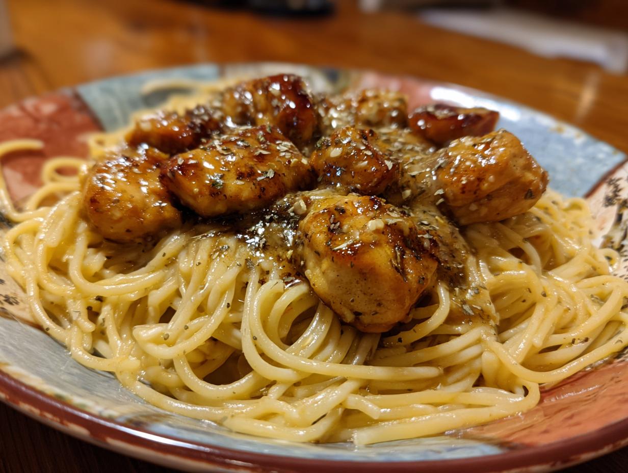 A plate of Garlic Butter Chicken Bites Creamy Parmesan Pasta, featuring glazed chicken over pasta.