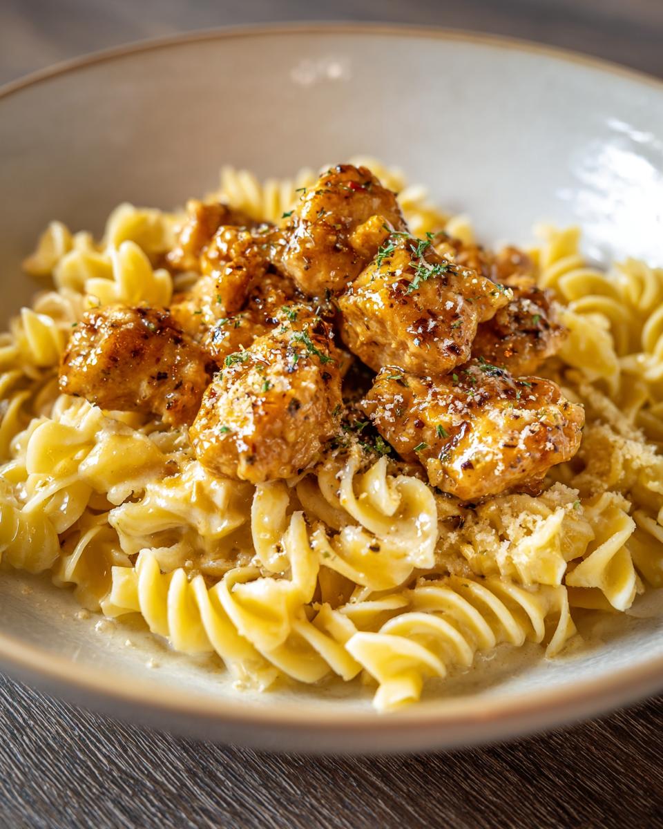 A bowl of creamy parmesan pasta topped with delicious Garlic Butter Chicken Bites.