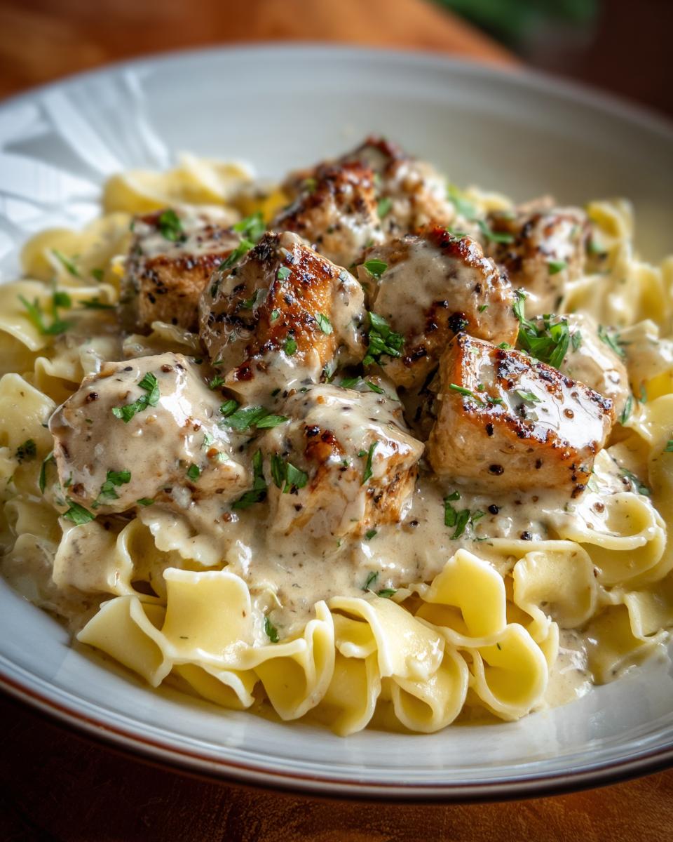 A plate of Garlic Butter Chicken Bites Creamy Parmesan Pasta, garnished with fresh parsley.