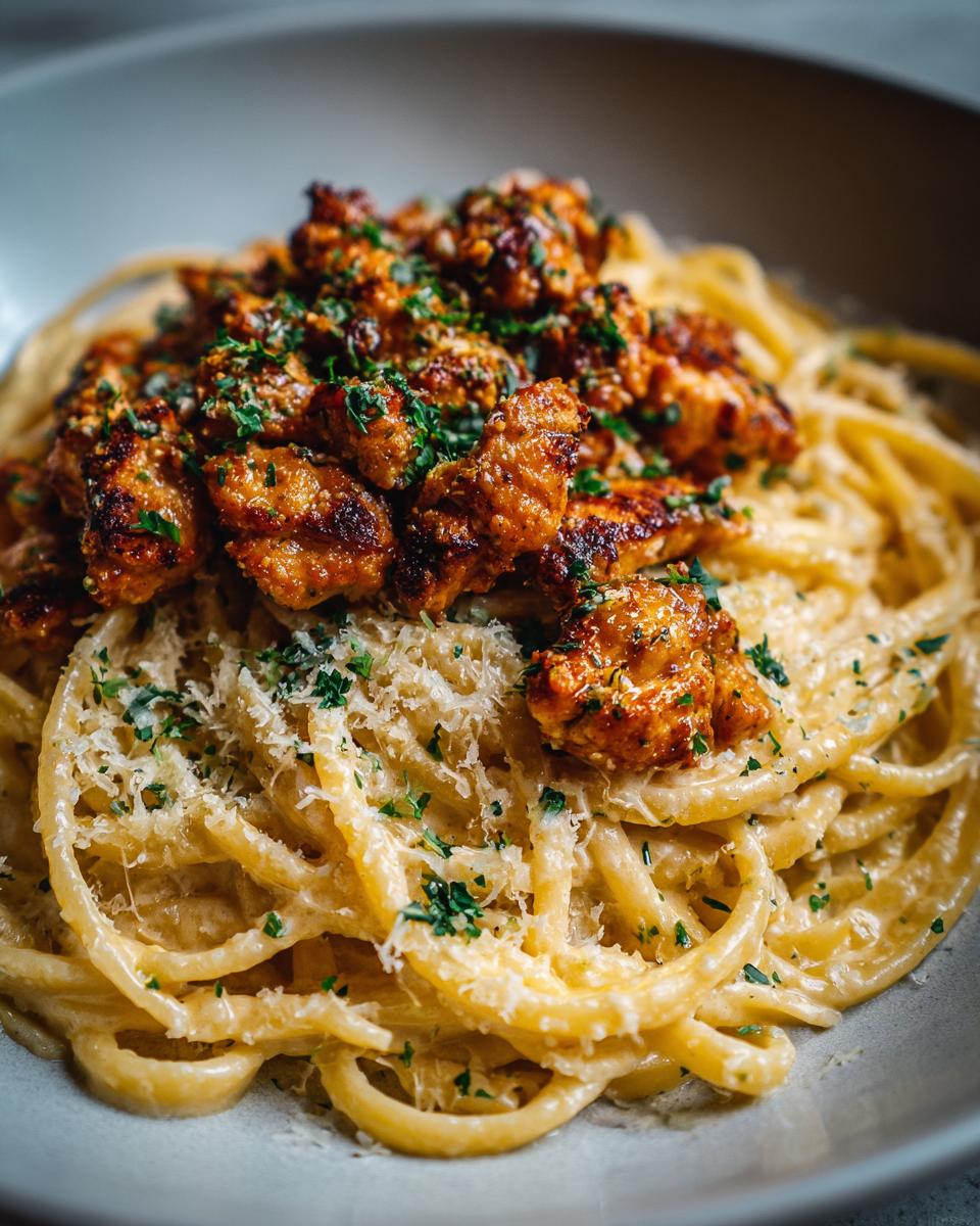 Close-up of Garlic Butter Chicken Bites Creamy Parmesan Pasta, garnished with parsley.